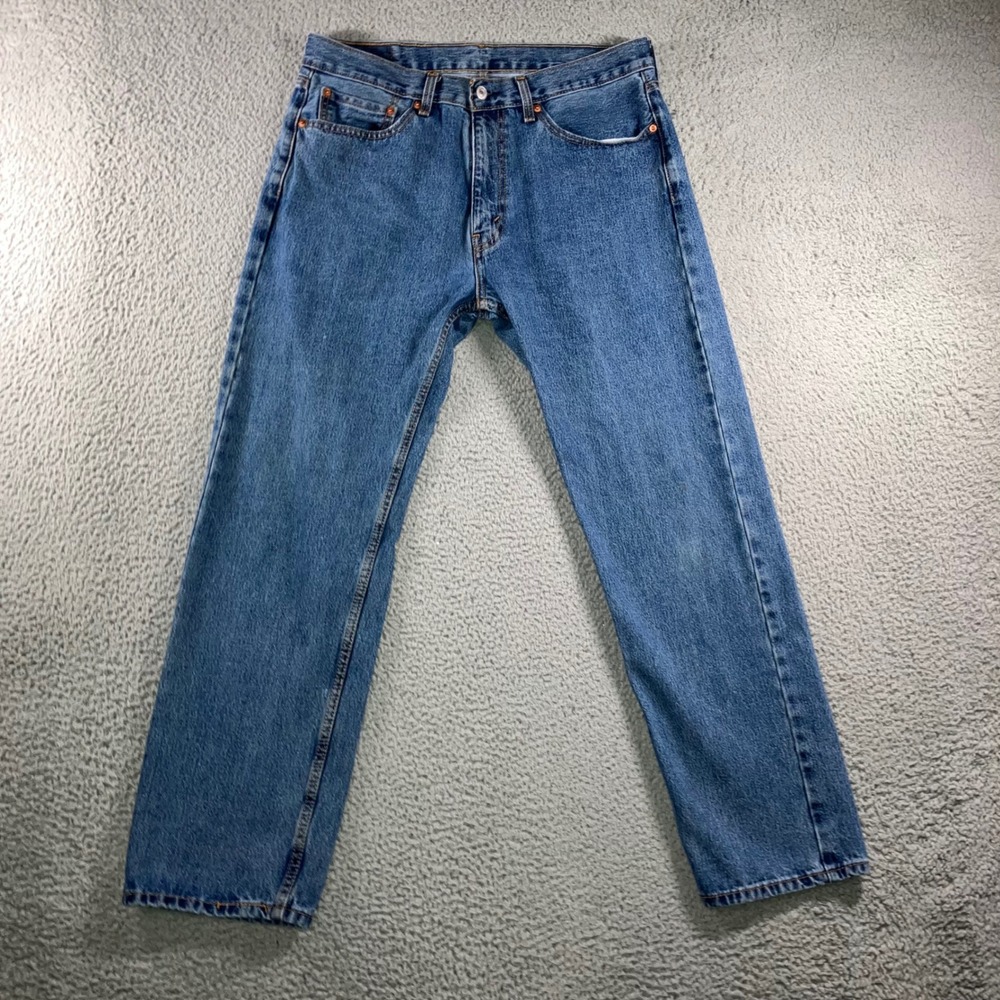 Levis 505 Regular Fit Jeans Mens 36x32 Fit 36x30.5 Blue Distressed Straight Leg